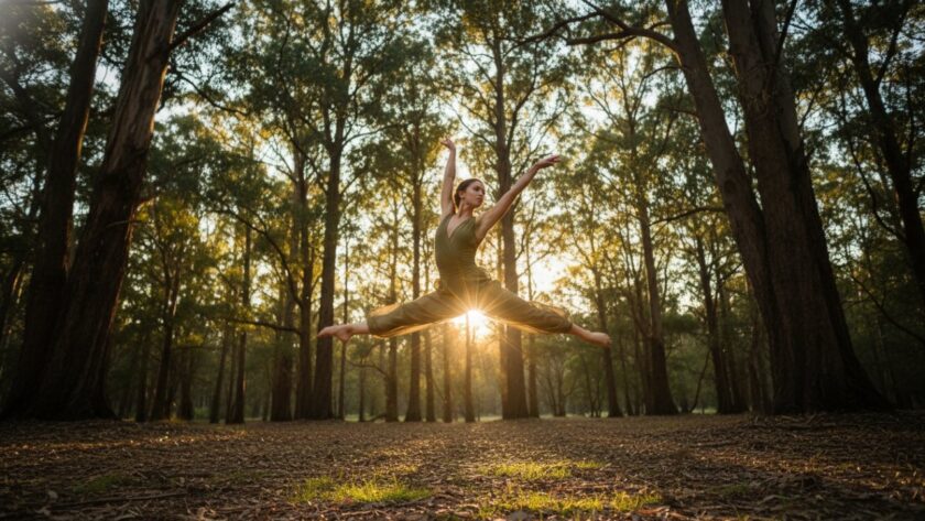 A stunning, wide-angle 'epic moment' photograph capturing a dancer mid-leap against the lush, natural backdrop of The Patch, Victoria, perfectly embodying The Patch Victoria bespoke dance photography artistic movement with dramatic natural light.