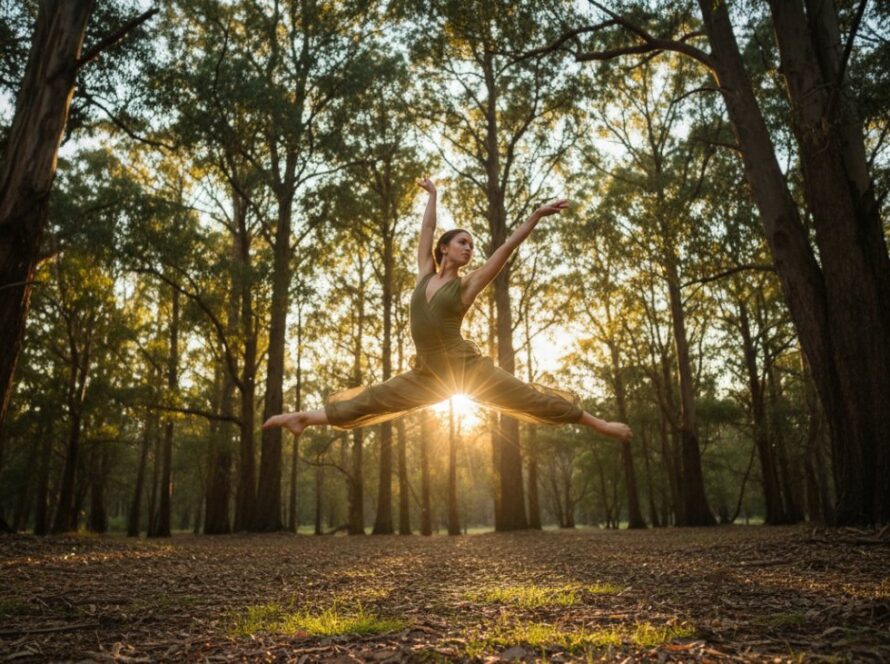A stunning, wide-angle 'epic moment' photograph capturing a dancer mid-leap against the lush, natural backdrop of The Patch, Victoria, perfectly embodying The Patch Victoria bespoke dance photography artistic movement with dramatic natural light.