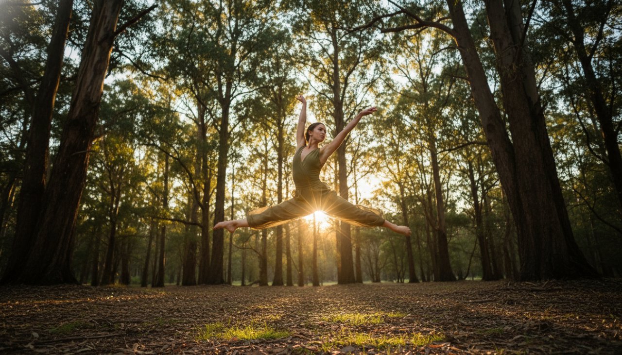 A stunning, wide-angle 'epic moment' photograph capturing a dancer mid-leap against the lush, natural backdrop of The Patch, Victoria, perfectly embodying The Patch Victoria bespoke dance photography artistic movement with dramatic natural light.