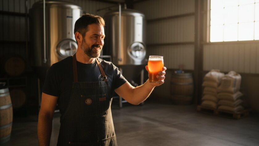 A dramatic, high-angle shot showcasing The Patch Victoria commercial photography storytelling, featuring a local artisan passionately crafting pottery in a sun-drenched workshop, surrounded by natural timber and vibrant plants, capturing the essence of local craftsmanship with a warm, authentic glow.