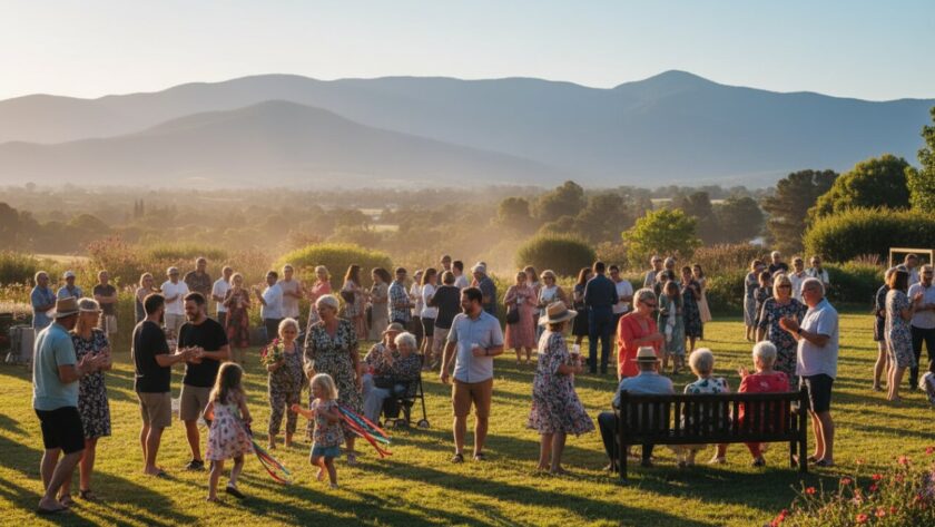 A wide shot capturing an epic moment of joyful celebration at a community festival in The Patch, Victoria, featuring the focus keyphrase The Patch Victoria event photography capturing genuine moments. People are laughing, dancing, and interacting under warm, late afternoon light, with the Dandenong Ranges visible in the background.