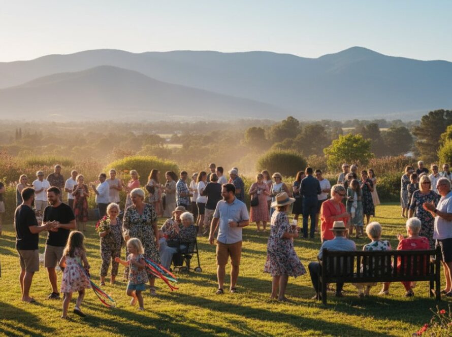 A wide shot capturing an epic moment of joyful celebration at a community festival in The Patch, Victoria, featuring the focus keyphrase The Patch Victoria event photography capturing genuine moments. People are laughing, dancing, and interacting under warm, late afternoon light, with the Dandenong Ranges visible in the background.