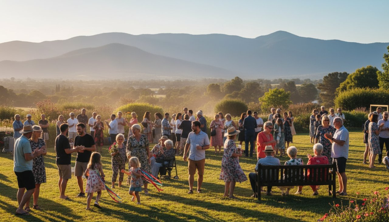 A wide shot capturing an epic moment of joyful celebration at a community festival in The Patch, Victoria, featuring the focus keyphrase The Patch Victoria event photography capturing genuine moments. People are laughing, dancing, and interacting under warm, late afternoon light, with the Dandenong Ranges visible in the background.