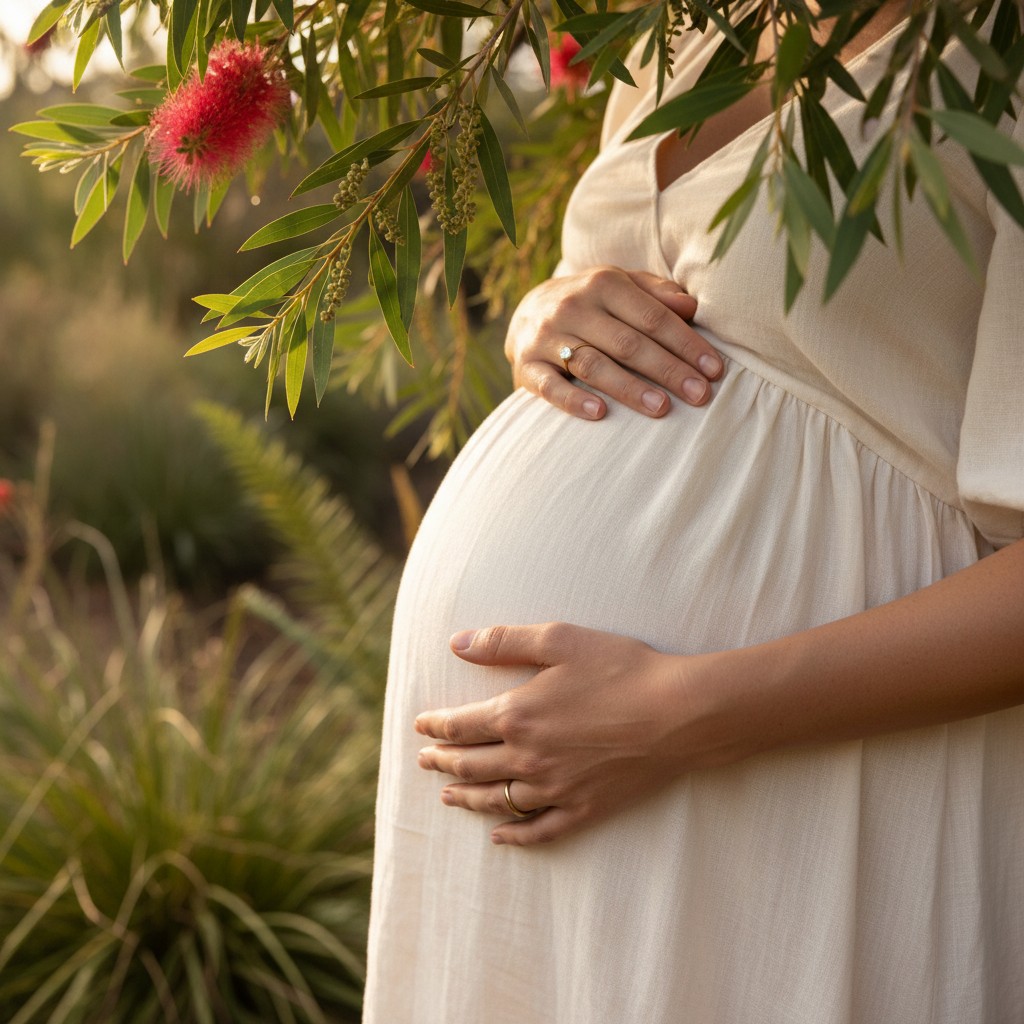 A close-up, high-quality photograph of a pregnant woman's hands gently cradling her baby bump, with soft, natural light filtering through the leaves of native Australian flora in a sun-dappled garden. Her fingers are adorned with a simple, delicate ring, and the overall mood is tender and intimate, showcasing natural and elegant styling.