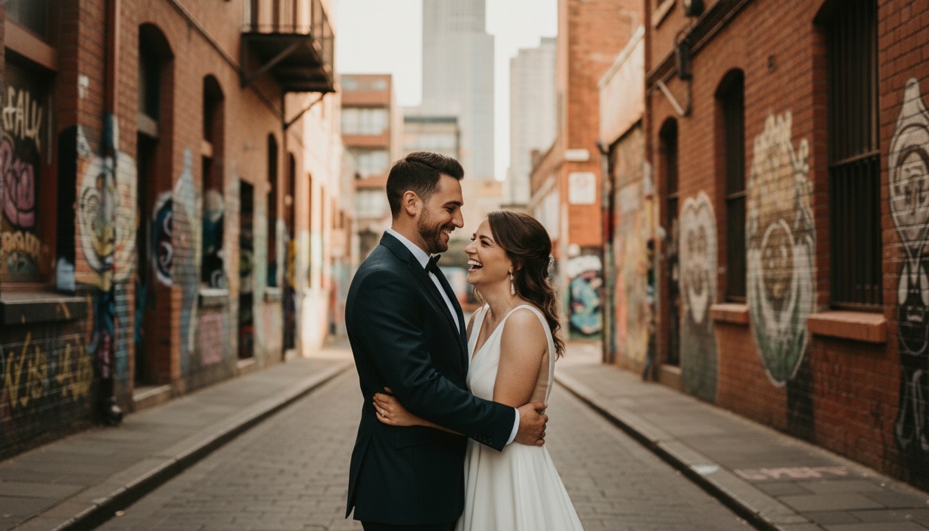 A professional, high-end, romantic, and candid wedding photograph showcasing a couple in love. Capture a genuine, intimate moment of the couple laughing together spontaneously in a vibrant Fitzroy laneway, surrounded by colorful street art and historic brickwork. Use the provided sample image as a reference for the style, mood, and to maintain consistency with any people featured in it. Avoid adding any text to the image and ensure a non-transparent background.