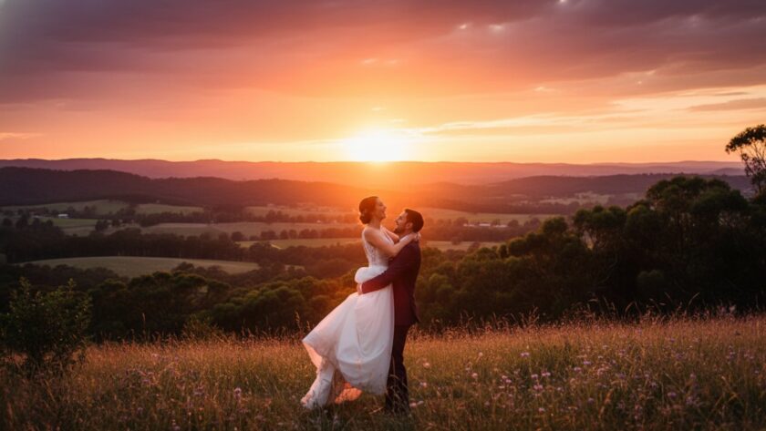 An epic moment of timeless Badger Creek wedding photography storytelling, featuring a newlywed couple embracing in silhouette against a breathtaking sunset over the Badger Creek hills, showcasing their joyous love.
