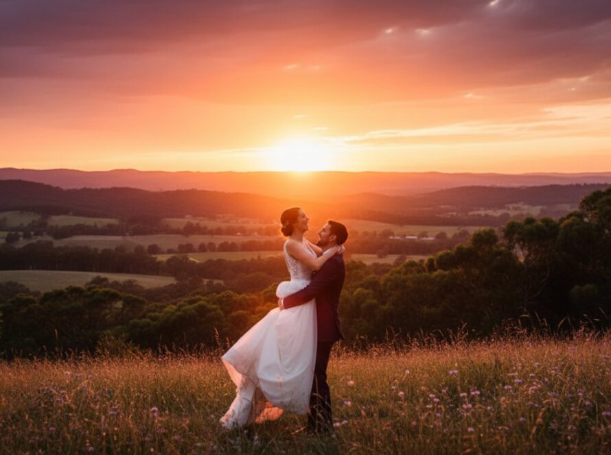 An epic moment of timeless Badger Creek wedding photography storytelling, featuring a newlywed couple embracing in silhouette against a breathtaking sunset over the Badger Creek hills, showcasing their joyous love.