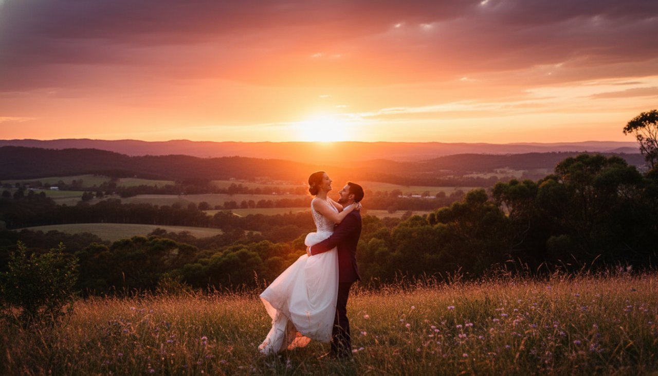 An epic moment of timeless Badger Creek wedding photography storytelling, featuring a newlywed couple embracing in silhouette against a breathtaking sunset over the Badger Creek hills, showcasing their joyous love.