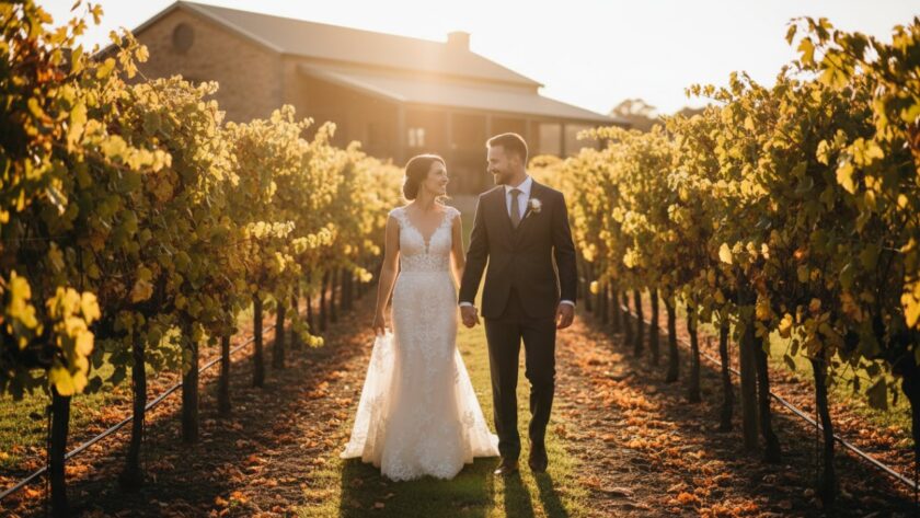 A stunning wide-angle shot capturing a couple's joyful embrace amidst the golden hour glow of a Balnarring winery vineyard, showcasing timeless Balnarring winery wedding photography with dramatic lighting and vibrant colours.