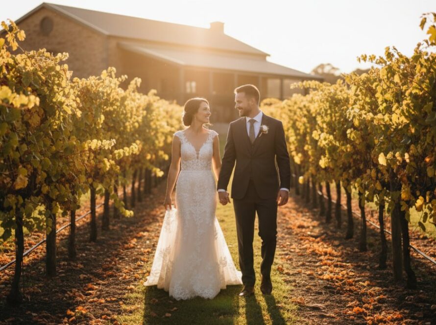 A stunning wide-angle shot capturing a couple's joyful embrace amidst the golden hour glow of a Balnarring winery vineyard, showcasing timeless Balnarring winery wedding photography with dramatic lighting and vibrant colours.