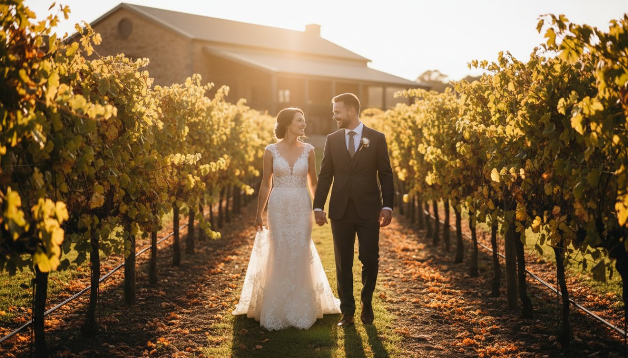 A stunning wide-angle shot capturing a couple's joyful embrace amidst the golden hour glow of a Balnarring winery vineyard, showcasing timeless Balnarring winery wedding photography with dramatic lighting and vibrant colours.