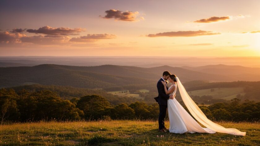 An epic moment captured in timeless Belgrave Heights wedding photography Dandenong Ranges, featuring a newlywed couple embracing on a sun-drenched hilltop overlooking the Dandenong Ranges at sunset, with golden light illuminating the landscape.