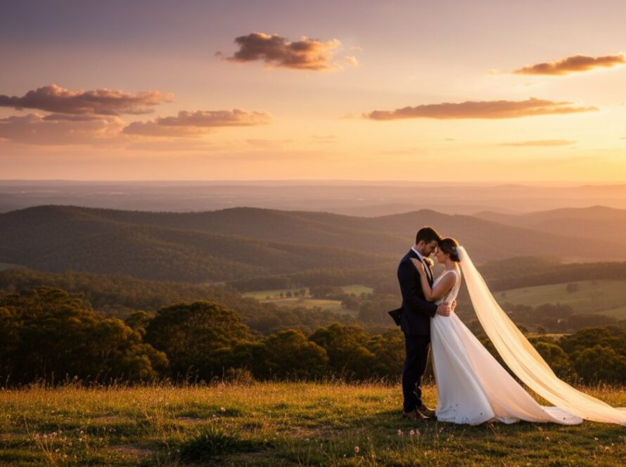 An epic moment captured in timeless Belgrave Heights wedding photography Dandenong Ranges, featuring a newlywed couple embracing on a sun-drenched hilltop overlooking the Dandenong Ranges at sunset, with golden light illuminating the landscape.