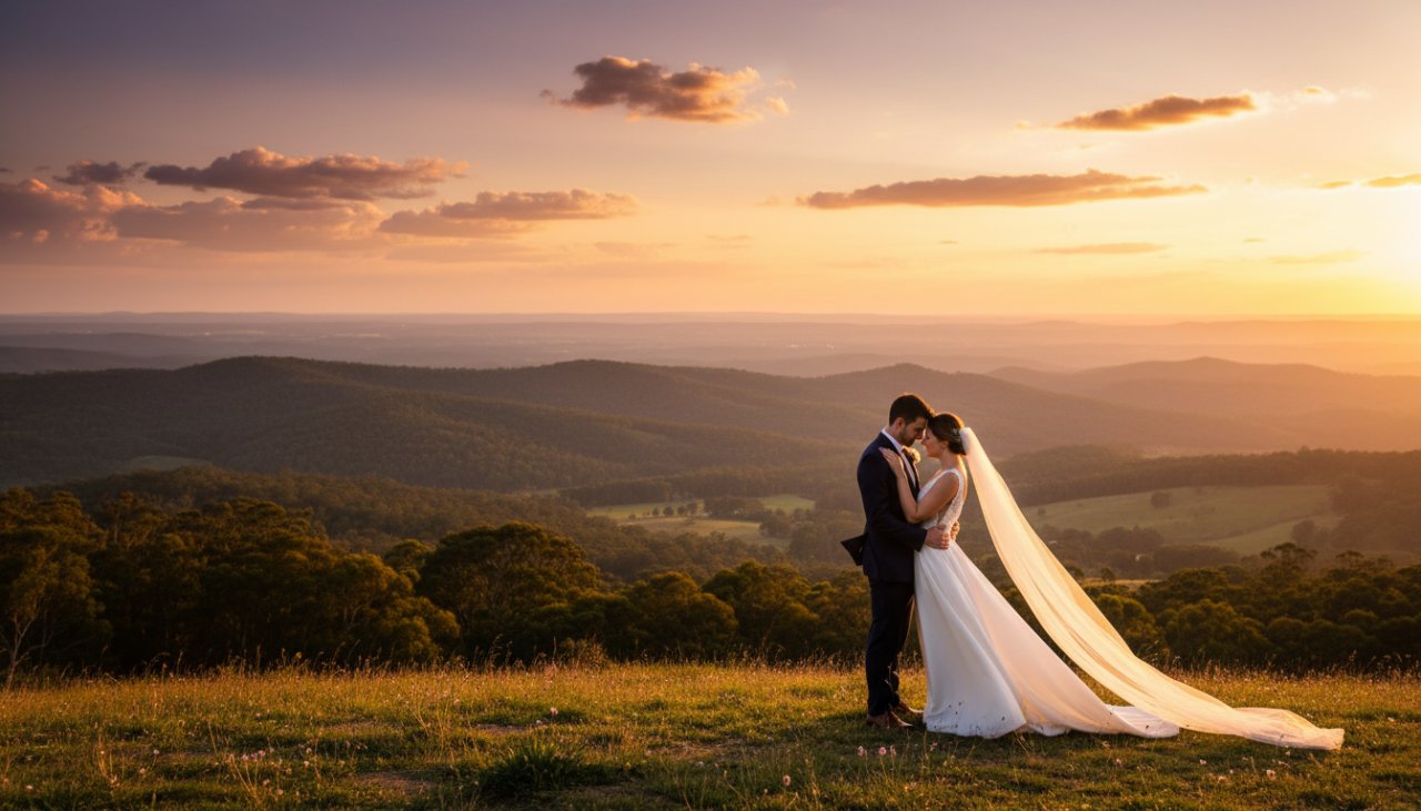 An epic moment captured in timeless Belgrave Heights wedding photography Dandenong Ranges, featuring a newlywed couple embracing on a sun-drenched hilltop overlooking the Dandenong Ranges at sunset, with golden light illuminating the landscape.