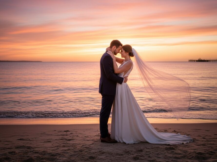 A newlywed couple shares a passionate kiss against the dramatic sunset hues over the Capel Sound foreshore, embodying timeless Capel Sound foreshore wedding photography. The waves gently lap the shore as golden light bathes them.
