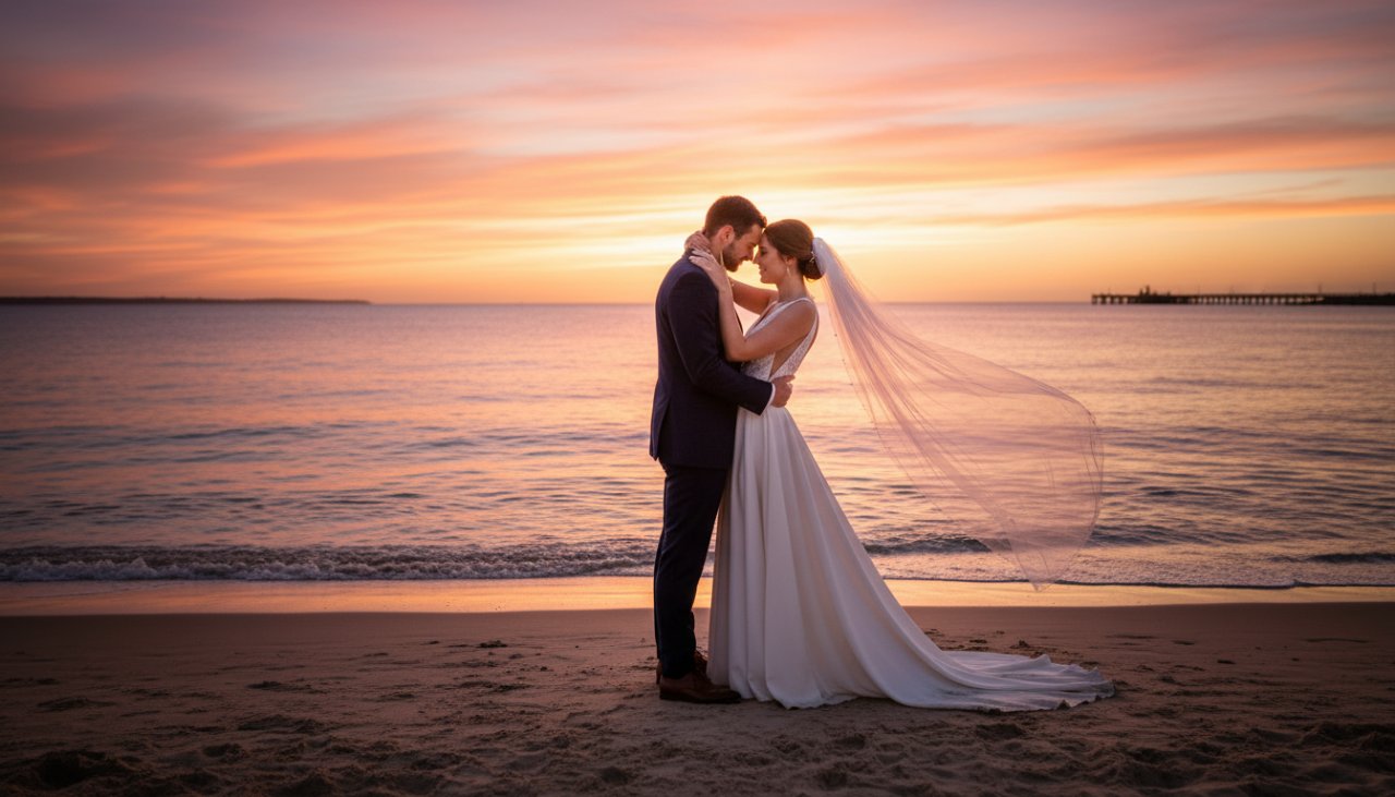 A newlywed couple shares a passionate kiss against the dramatic sunset hues over the Capel Sound foreshore, embodying timeless Capel Sound foreshore wedding photography. The waves gently lap the shore as golden light bathes them.