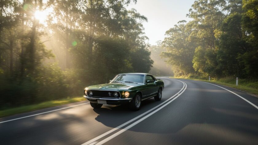 An epic moment of a perfectly restored classic muscle car, gleaming under the golden hour sun on a winding road in Belgrave Heights, Dandenong Ranges, illustrating timeless classic car photography Belgrave Heights Dandenongs.