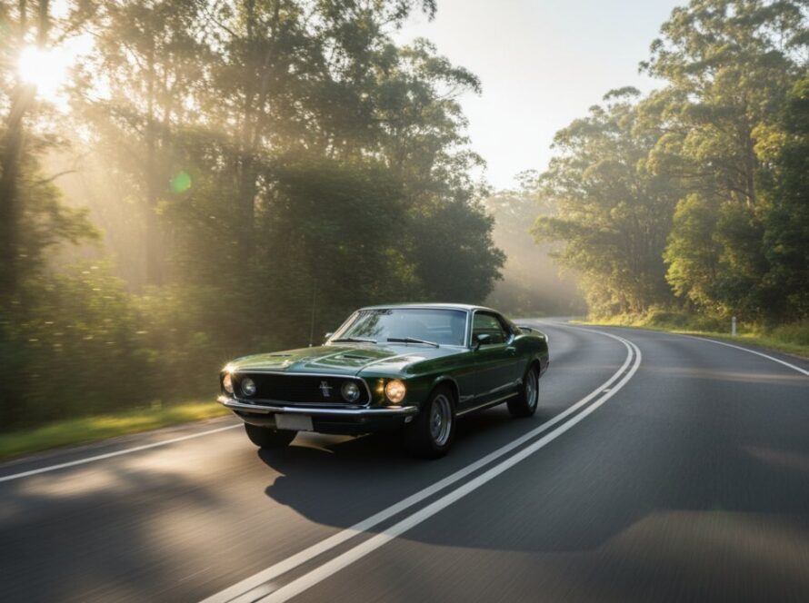 An epic moment of a perfectly restored classic muscle car, gleaming under the golden hour sun on a winding road in Belgrave Heights, Dandenong Ranges, illustrating timeless classic car photography Belgrave Heights Dandenongs.