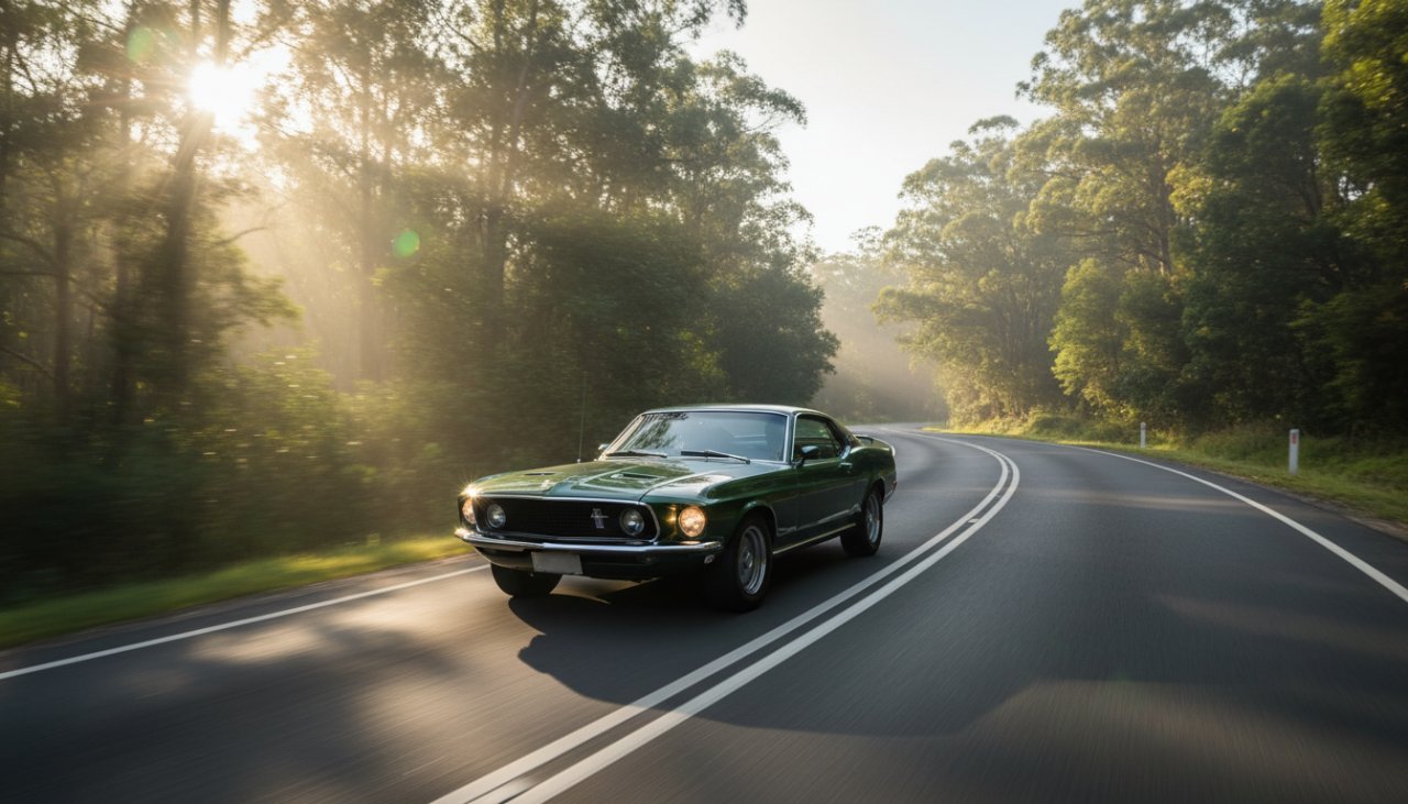 An epic moment of a perfectly restored classic muscle car, gleaming under the golden hour sun on a winding road in Belgrave Heights, Dandenong Ranges, illustrating timeless classic car photography Belgrave Heights Dandenongs.