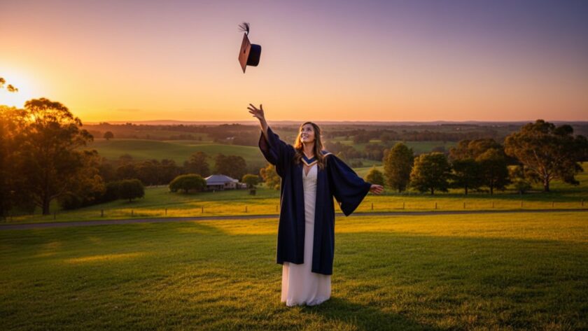 An inspiring wide shot capturing a recent graduate in 'Timeless Graduation Photography Launching Victoria', joyfully tossing their cap against a vibrant sunset over the rolling hills of Launching, celebrating their achievement with a confident smile.