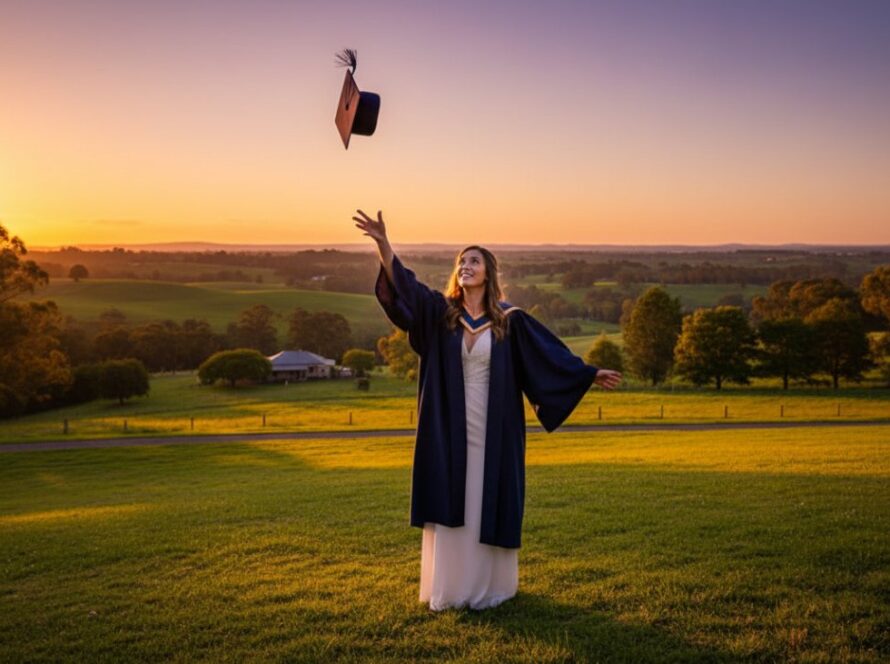 An inspiring wide shot capturing a recent graduate in 'Timeless Graduation Photography Launching Victoria', joyfully tossing their cap against a vibrant sunset over the rolling hills of Launching, celebrating their achievement with a confident smile.