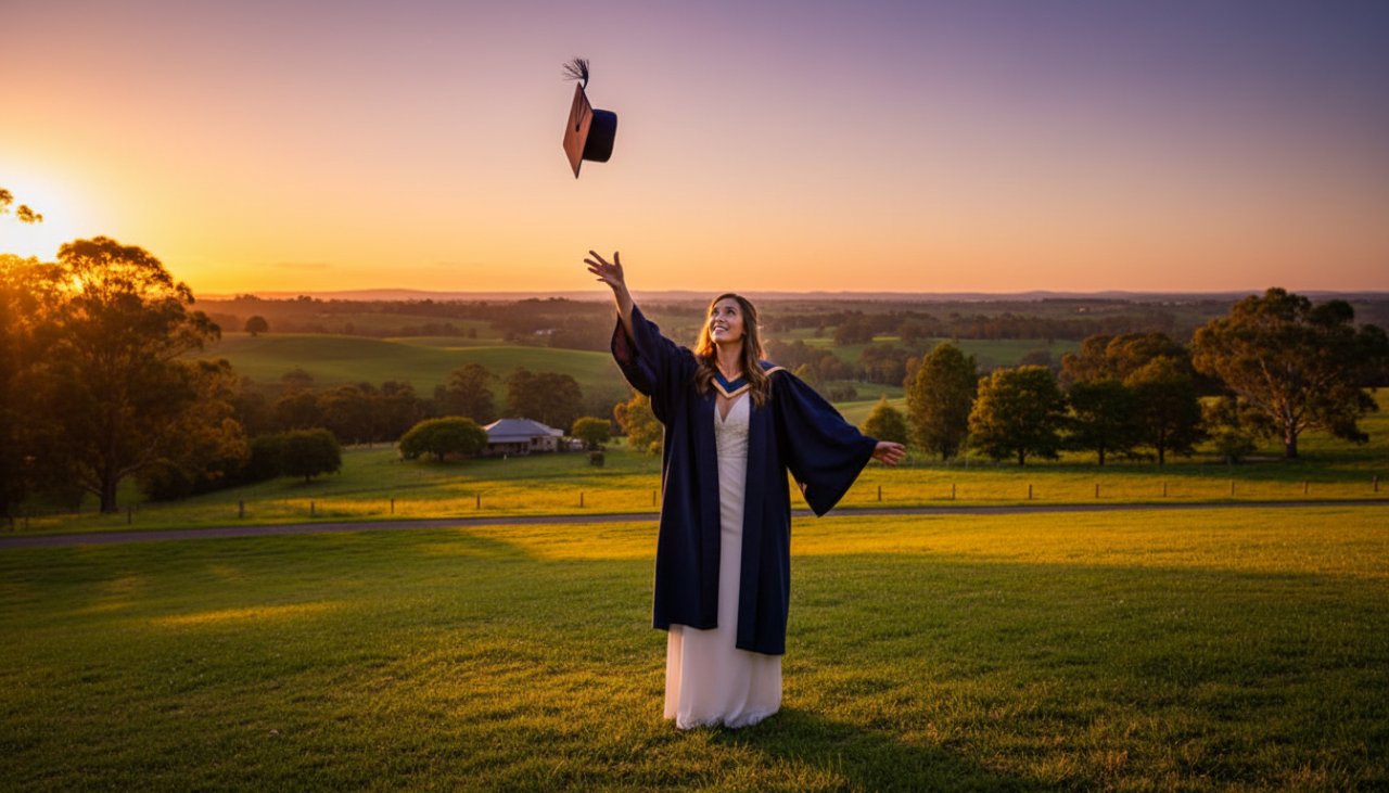 An inspiring wide shot capturing a recent graduate in 'Timeless Graduation Photography Launching Victoria', joyfully tossing their cap against a vibrant sunset over the rolling hills of Launching, celebrating their achievement with a confident smile.