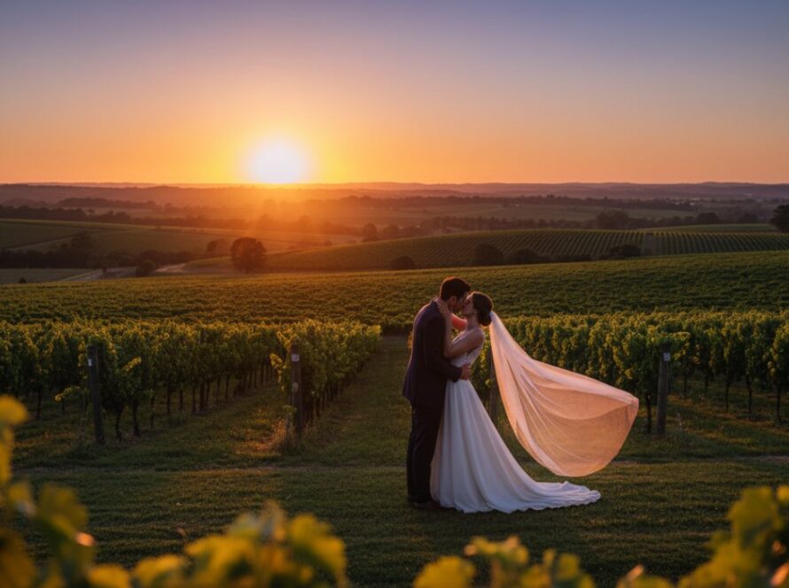 A wide, cinematic shot of a happy couple in a timeless Gruyere wedding photography capturing joy moment, silhouetted against a golden sunset over the rolling vineyards of Gruyere, Victoria, sharing an intimate kiss.