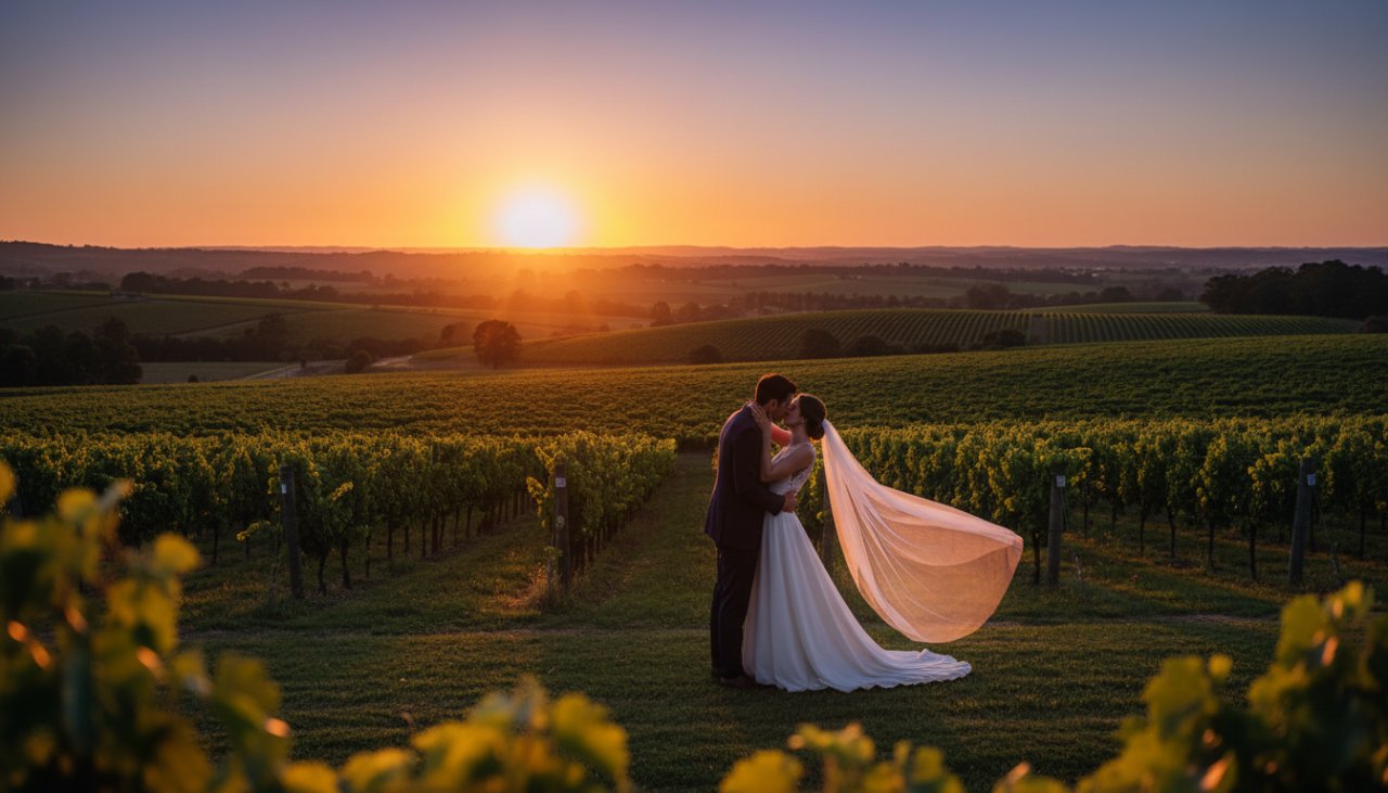 A wide, cinematic shot of a happy couple in a timeless Gruyere wedding photography capturing joy moment, silhouetted against a golden sunset over the rolling vineyards of Gruyere, Victoria, sharing an intimate kiss.