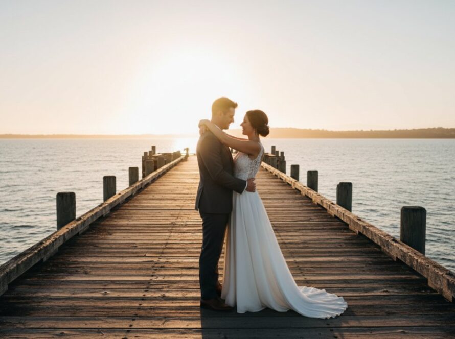 A newlywed couple shares a dramatic kiss at sunset on the historic pier of HMAS Cerberus, framed by the deep blue sea, embodying Timeless HMAS Cerberus Wedding Photography Victoria.