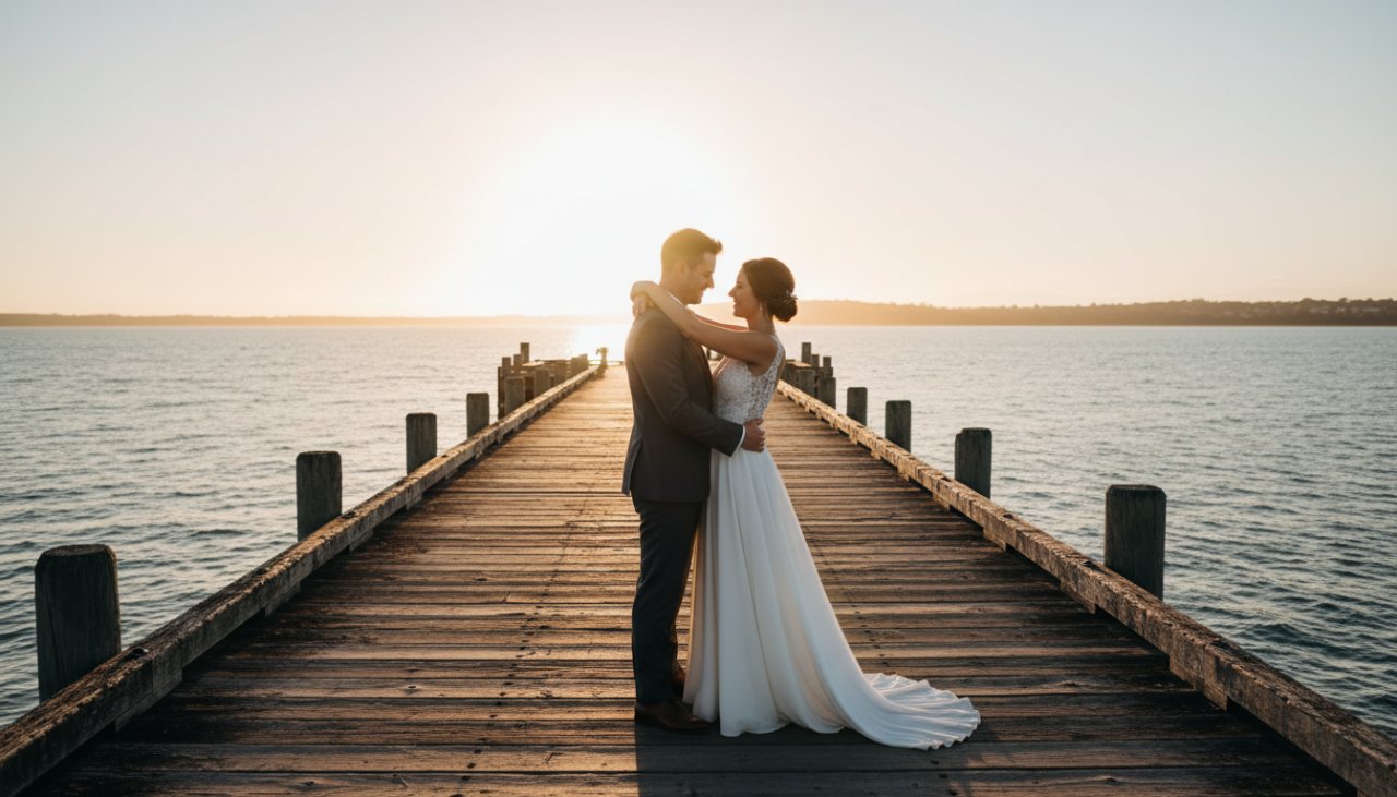 A newlywed couple shares a dramatic kiss at sunset on the historic pier of HMAS Cerberus, framed by the deep blue sea, embodying Timeless HMAS Cerberus Wedding Photography Victoria.
