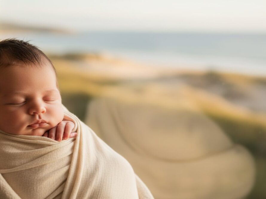 An ethereal, 'epic moment' style photograph showcasing a peaceful newborn baby swaddled in soft cream fabric, gently nestled in a handcrafted wooden bowl amidst a backdrop of blurred, golden Mornington coastal light, embodying timeless Mornington newborn photography sessions.