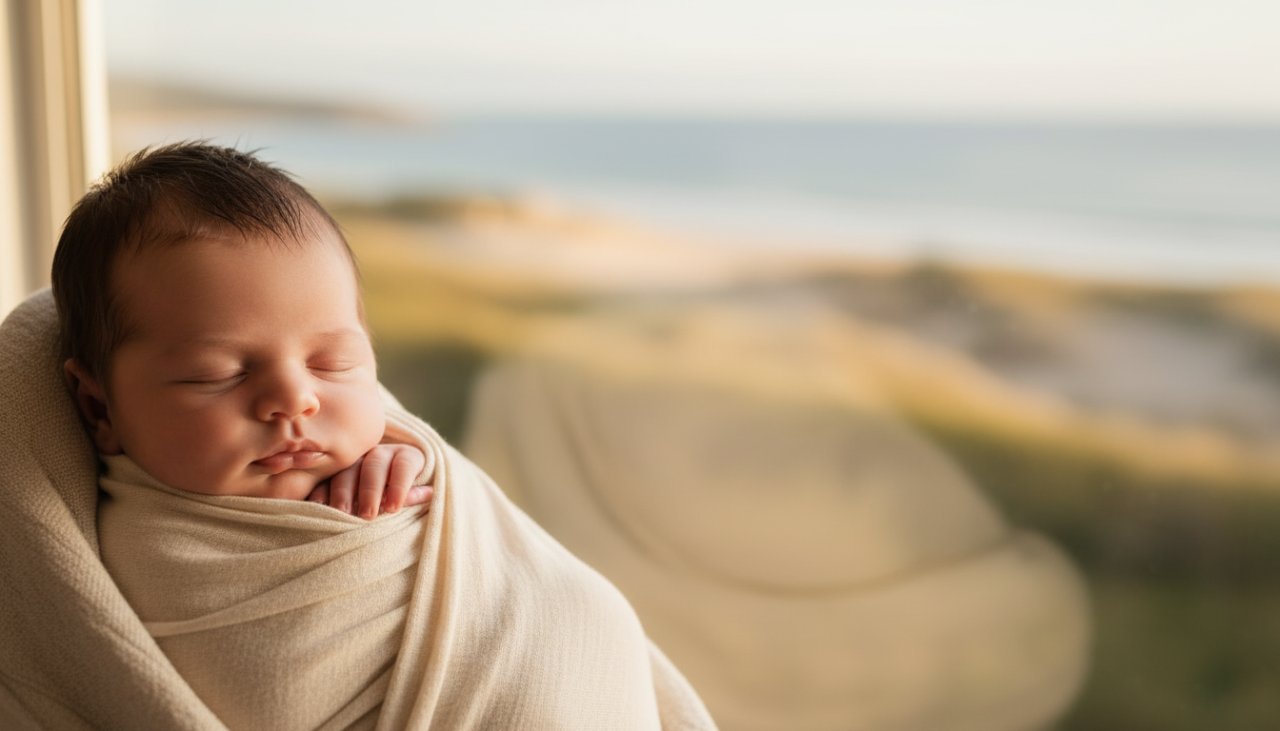 An ethereal, 'epic moment' style photograph showcasing a peaceful newborn baby swaddled in soft cream fabric, gently nestled in a handcrafted wooden bowl amidst a backdrop of blurred, golden Mornington coastal light, embodying timeless Mornington newborn photography sessions.