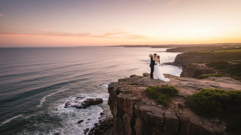 An emotionally resonant, wide-shot photograph capturing a couple sharing a tender, joyful moment during their wedding ceremony with the stunning coastal backdrop of Mount Eliza, evoking timeless Mount Eliza wedding photography memories, golden hour light, soft focus, dramatic composition.