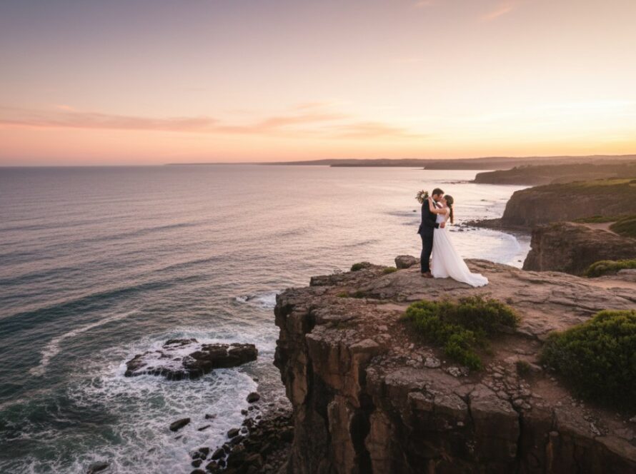 An emotionally resonant, wide-shot photograph capturing a couple sharing a tender, joyful moment during their wedding ceremony with the stunning coastal backdrop of Mount Eliza, evoking timeless Mount Eliza wedding photography memories, golden hour light, soft focus, dramatic composition.