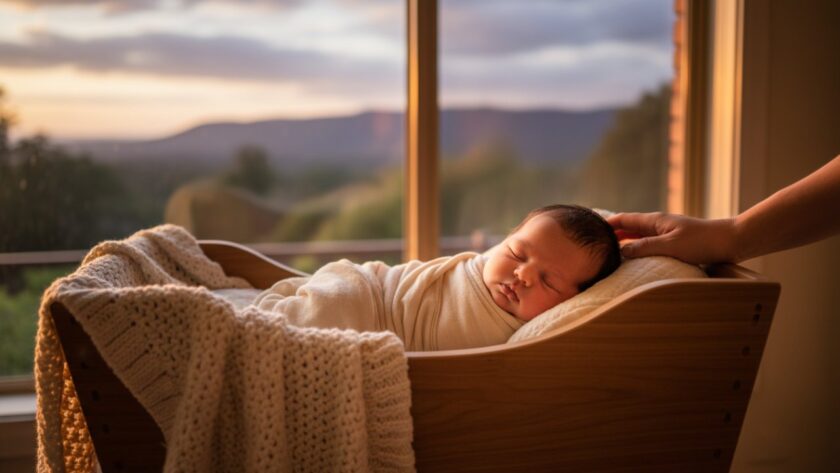 A tender, cinematic overhead shot of a sleeping newborn baby swaddled in soft, natural fibres, surrounded by delicate, locally sourced wildflowers in a rustic basket, with soft, golden hour light streaming in through a window in a Montrose home, epitomising timeless newborn photography in Montrose, Victoria.