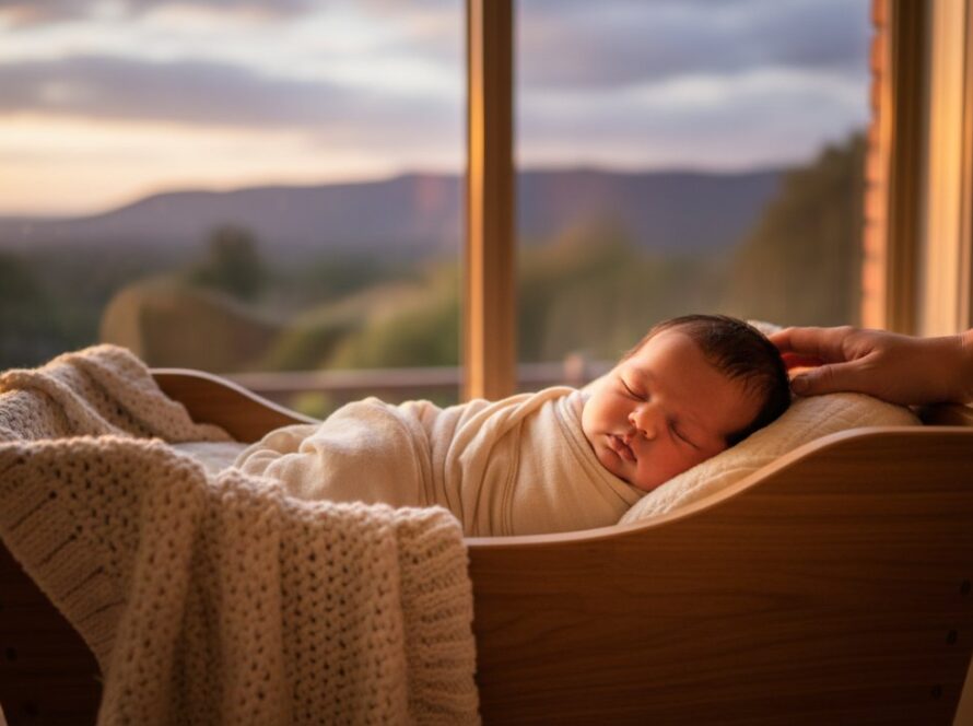 A tender, cinematic overhead shot of a sleeping newborn baby swaddled in soft, natural fibres, surrounded by delicate, locally sourced wildflowers in a rustic basket, with soft, golden hour light streaming in through a window in a Montrose home, epitomising timeless newborn photography in Montrose, Victoria.