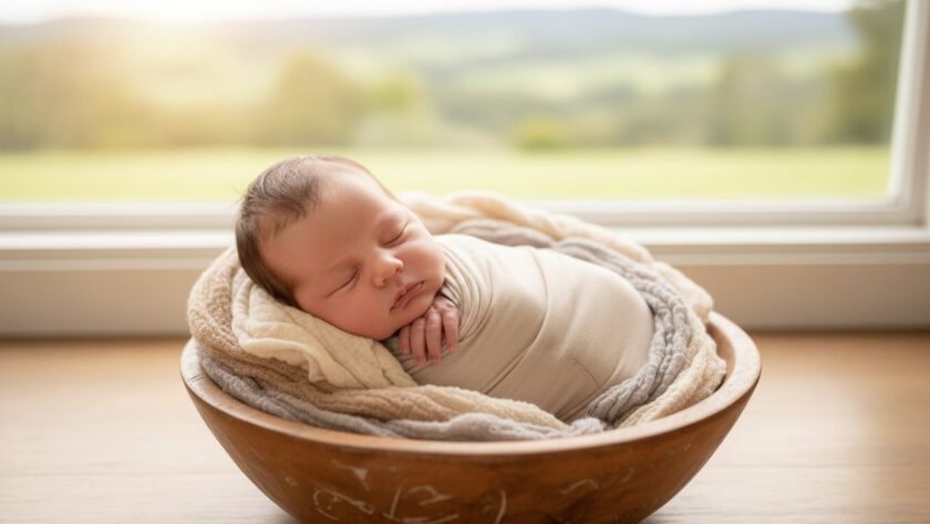 An ethereal image of a sleeping newborn baby swaddled in soft, natural fibres, gently held by loving parents' hands in a warm, sunlit Selby studio setting, embodying timeless newborn photography Selby capturing family love.