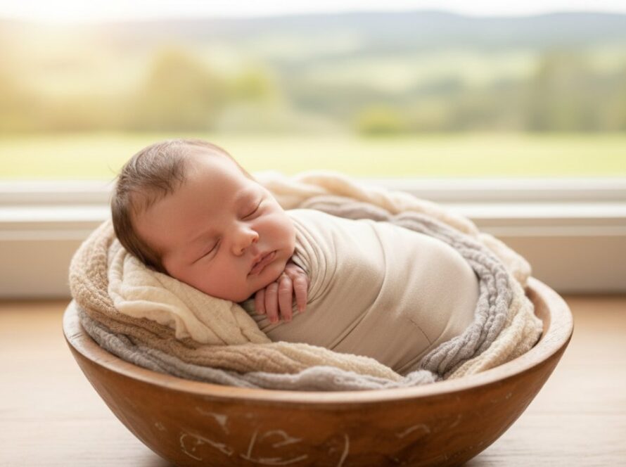 An ethereal image of a sleeping newborn baby swaddled in soft, natural fibres, gently held by loving parents' hands in a warm, sunlit Selby studio setting, embodying timeless newborn photography Selby capturing family love.