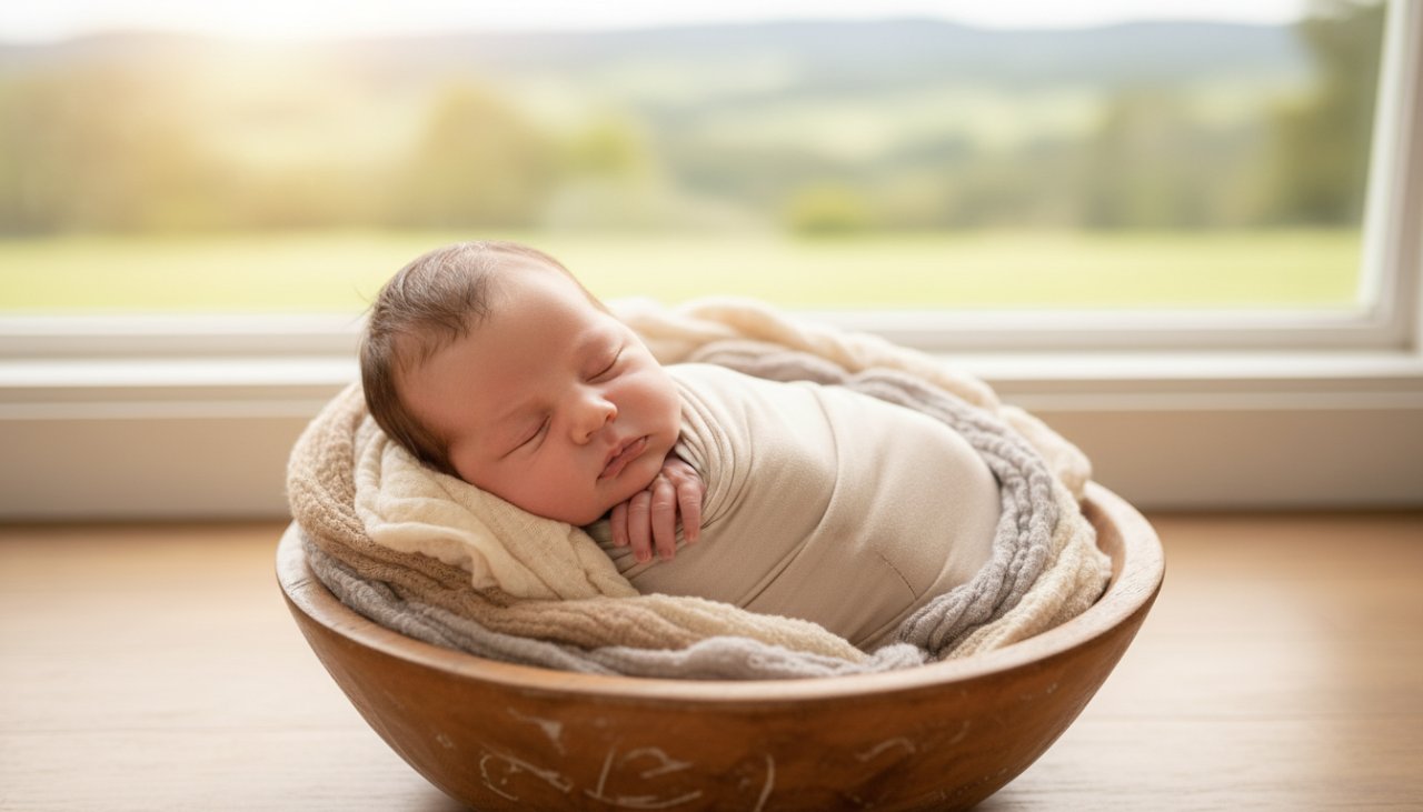 An ethereal image of a sleeping newborn baby swaddled in soft, natural fibres, gently held by loving parents' hands in a warm, sunlit Selby studio setting, embodying timeless newborn photography Selby capturing family love.