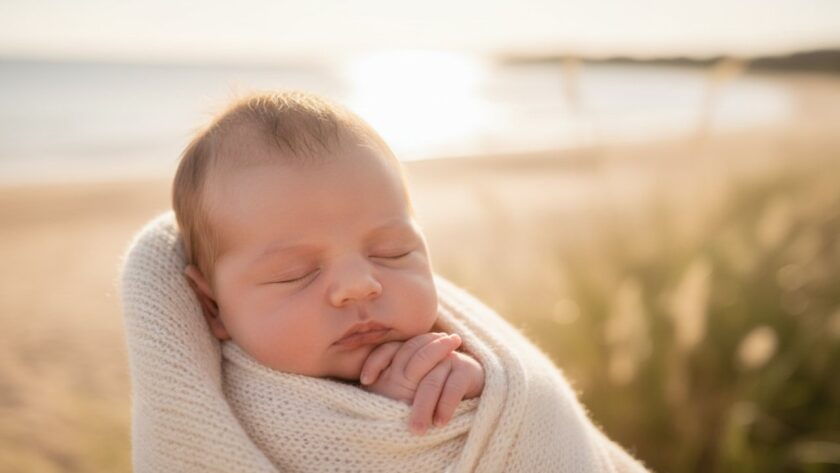 A breathtaking, warm, and tender close-up artistic portrait of a newborn baby, peacefully swaddled in soft, natural fibres, with the subtle, sun-drenched, sandy tones and serene calm of Safety Beach, Victoria, Australia, blurred beautifully in the background. The focus is on the baby's delicate features, creating a timeless Safety Beach newborn photography artistic portraits epic moment.