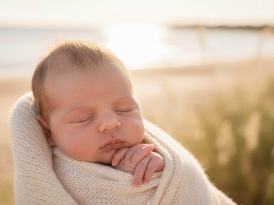 A breathtaking, warm, and tender close-up artistic portrait of a newborn baby, peacefully swaddled in soft, natural fibres, with the subtle, sun-drenched, sandy tones and serene calm of Safety Beach, Victoria, Australia, blurred beautifully in the background. The focus is on the baby's delicate features, creating a timeless Safety Beach newborn photography artistic portraits epic moment.