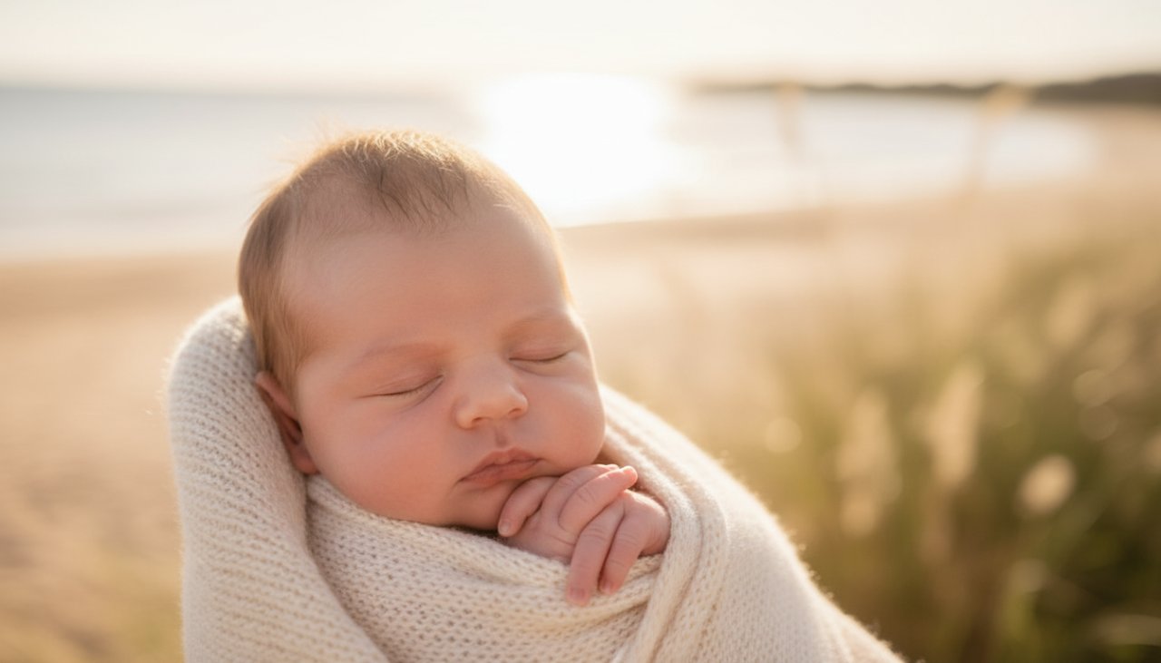A breathtaking, warm, and tender close-up artistic portrait of a newborn baby, peacefully swaddled in soft, natural fibres, with the subtle, sun-drenched, sandy tones and serene calm of Safety Beach, Victoria, Australia, blurred beautifully in the background. The focus is on the baby's delicate features, creating a timeless Safety Beach newborn photography artistic portraits epic moment.