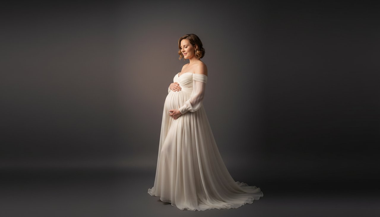 A serene and elegant portrait featuring a radiant pregnant woman in a flowing gown, bathed in soft studio light, embodying the timeless Safety Beach studio maternity photography experience.