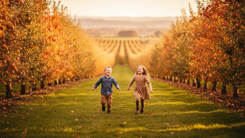 An epic, joyful moment from a timeless Wandin North kids photography outdoor session, featuring two young children running through a sun-drenched field at sunset, their laughter illuminated by warm, golden light, capturing their pure happiness.