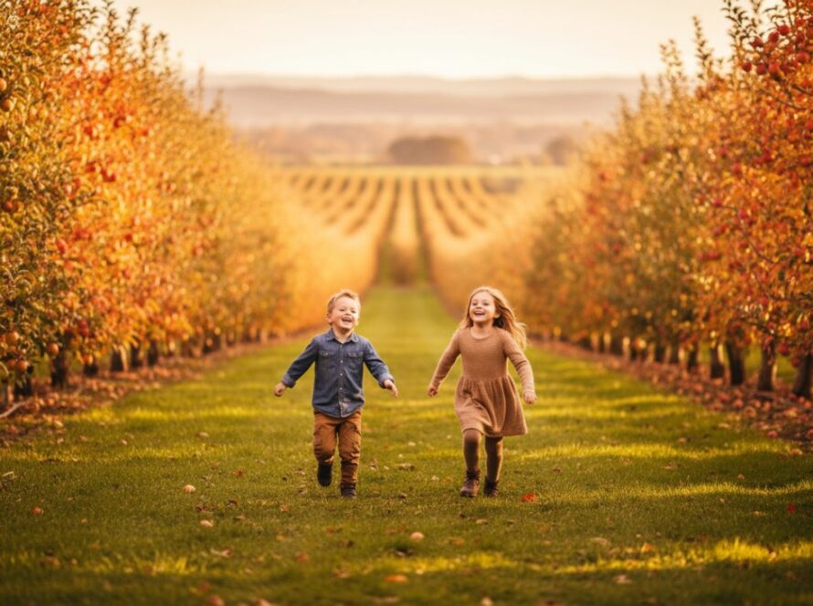 An epic, joyful moment from a timeless Wandin North kids photography outdoor session, featuring two young children running through a sun-drenched field at sunset, their laughter illuminated by warm, golden light, capturing their pure happiness.