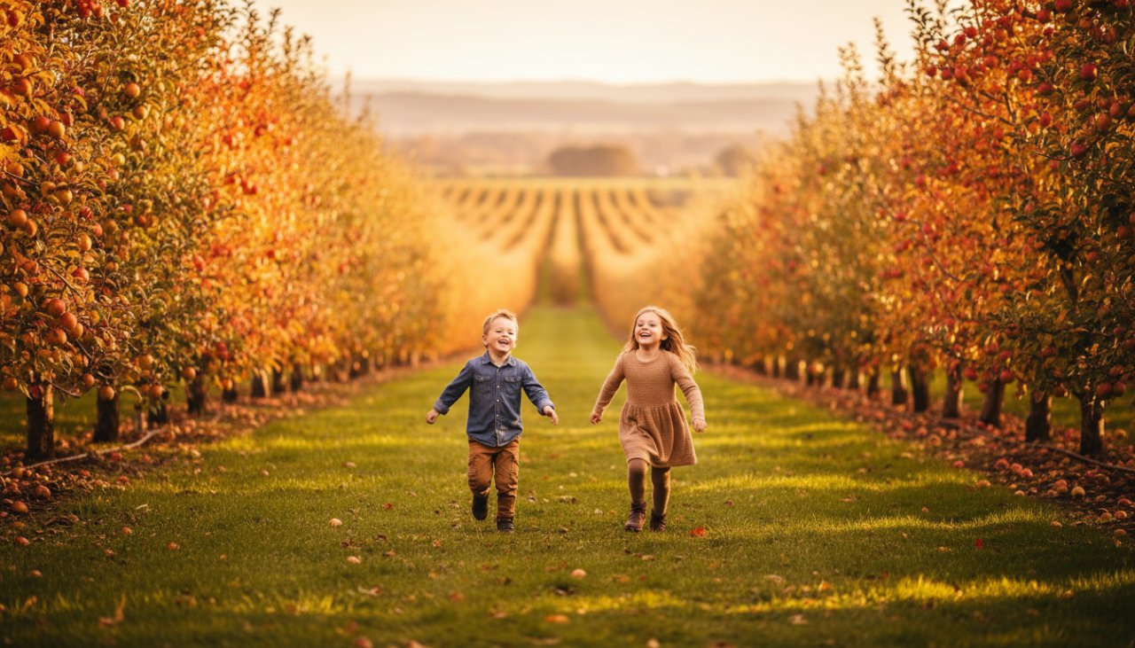 An epic, joyful moment from a timeless Wandin North kids photography outdoor session, featuring two young children running through a sun-drenched field at sunset, their laughter illuminated by warm, golden light, capturing their pure happiness.