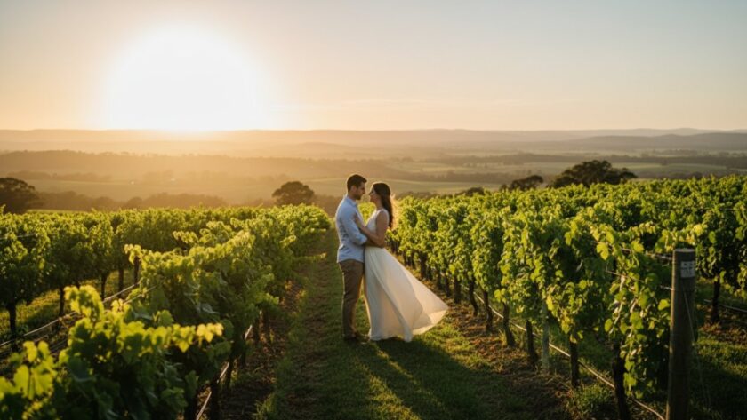 A breathtaking and timeless Woori Yallock engagement photography Yarra Valley magic shot, featuring a couple embracing passionately at sunset on a rolling vineyard hill, with golden light illuminating their joyful expressions and the scenic Woori Yallock landscape in the background.