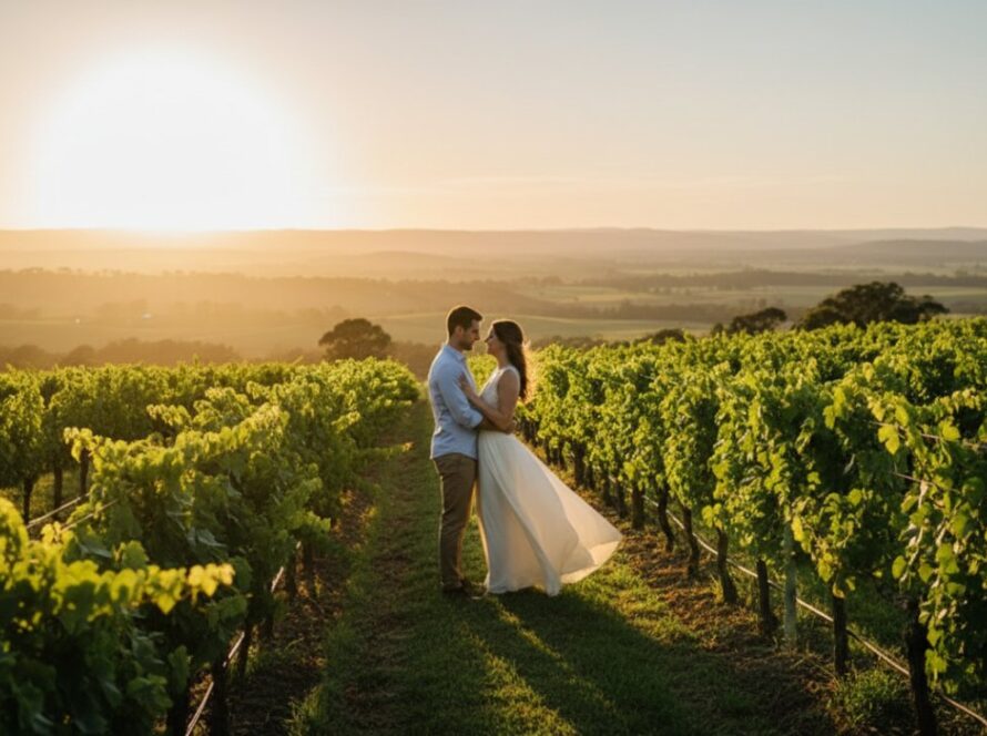 A breathtaking and timeless Woori Yallock engagement photography Yarra Valley magic shot, featuring a couple embracing passionately at sunset on a rolling vineyard hill, with golden light illuminating their joyful expressions and the scenic Woori Yallock landscape in the background.