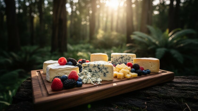 A close-up, high-dynamic-range photograph of a handcrafted wooden bowl, filled with freshly picked berries, glowing under a soft, diffused light filtering through the dense Toolangi forest canopy, embodying Toolangi artisan product photography solutions Victoria.