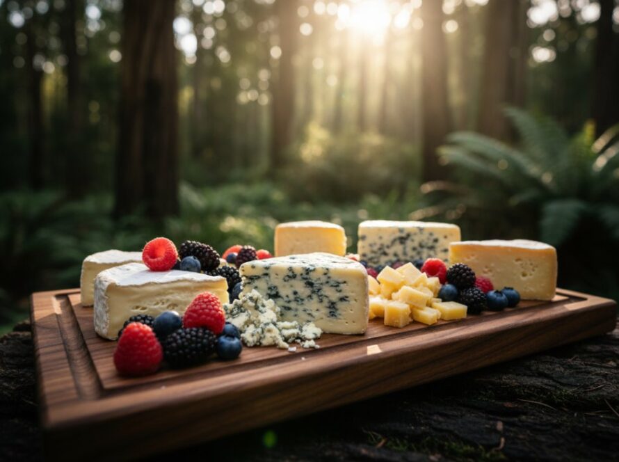 A close-up, high-dynamic-range photograph of a handcrafted wooden bowl, filled with freshly picked berries, glowing under a soft, diffused light filtering through the dense Toolangi forest canopy, embodying Toolangi artisan product photography solutions Victoria.